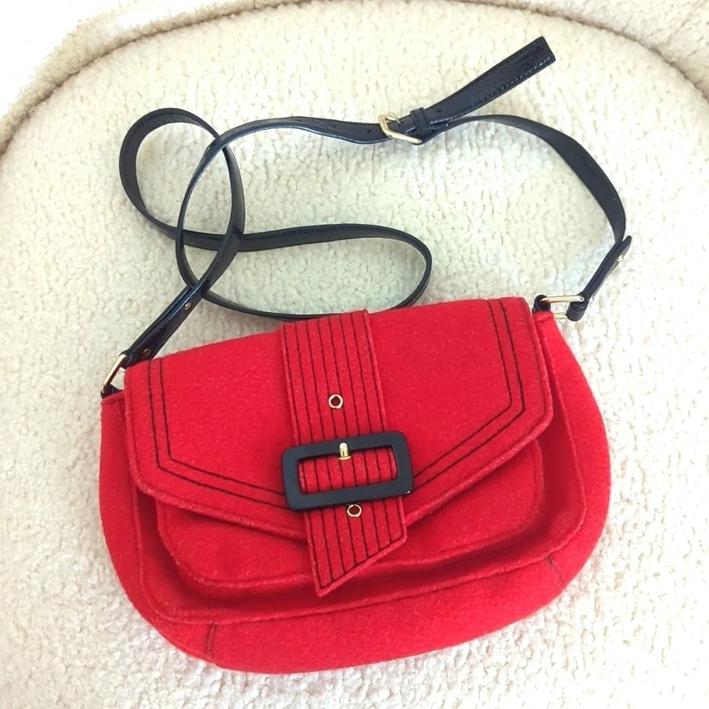 Kate Spade Red Wool & Patient Leather Shoulder Bag